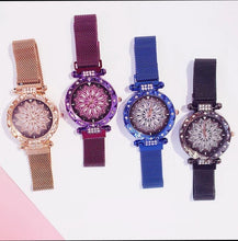 Load image into Gallery viewer, Women Mesh Magnet Buckle Lucky Flower Watches + bracelet set Luxury Ladies Rhinestone Quartz Watch Starry sky Relogio Feminino
